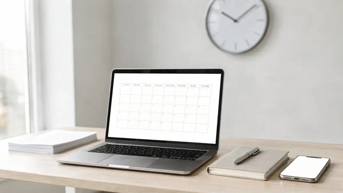 Ordentlicher Schreibtisch mit Kalender, Laptop und Uhr zum Thema Zeitblöcke für Unternehmer