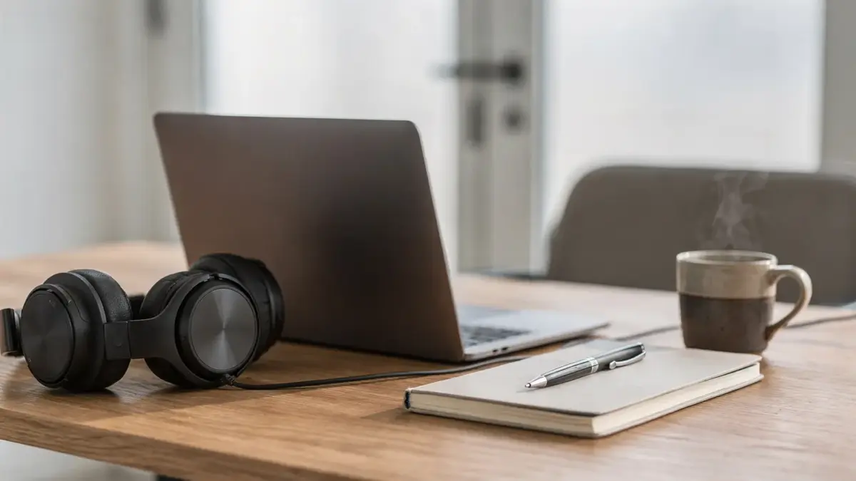 Ruhiger Arbeitsplatz für Deep Work von Unternehmern mit Laptop, Notizbuch und Kopfhörern