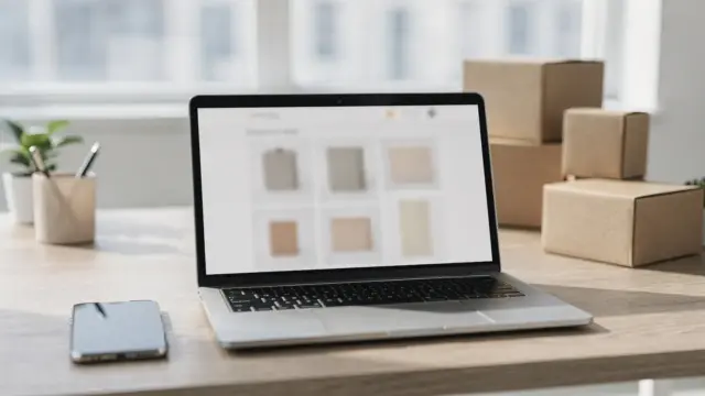 E-Commerce-SEO für Online-Shops: Laptop, Smartphone und Produktboxen im modernen Arbeitsumfeld