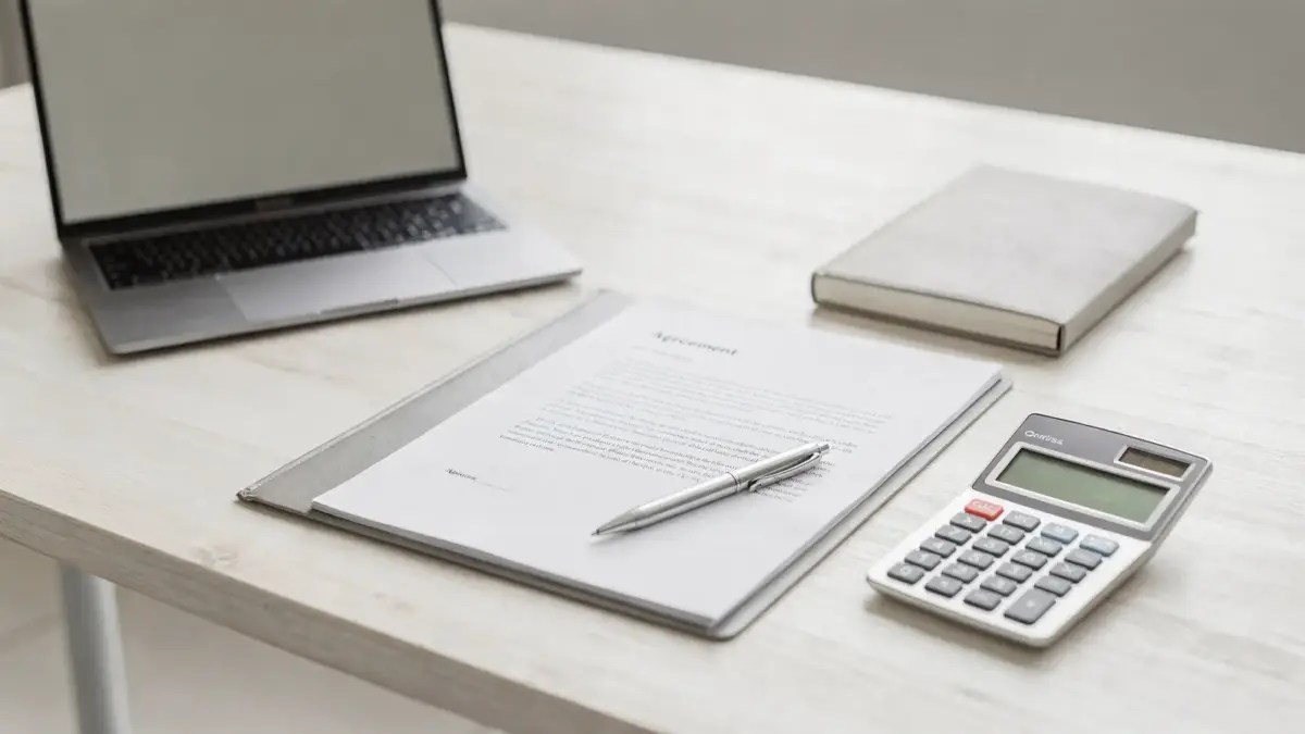 Freelancer-Vertrag auf einem Schreibtisch mit Laptop, Stift und Notizbuch