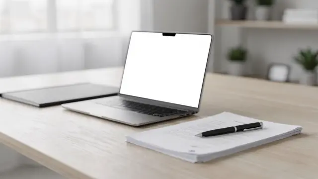 Schreibtisch mit Vertrag, Laptop und Unterlagen zum Thema Freelancer-Nutzungsrechte