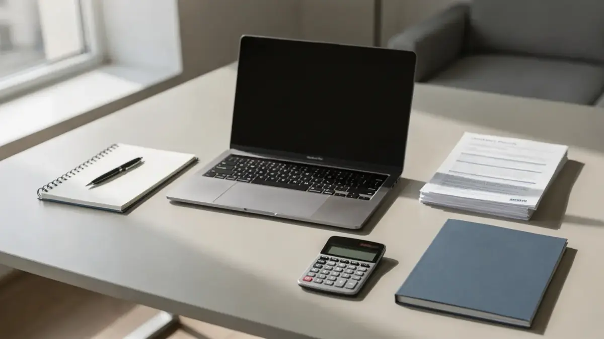 Freelancer-Haftpflicht: Schreibtisch mit Vertrag, Laptop und Unterlagen in einem hellen Arbeitsumfeld