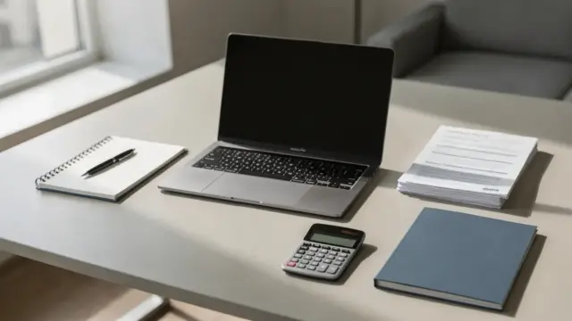 Freelancer-Haftpflicht: Schreibtisch mit Vertrag, Laptop und Unterlagen in einem hellen Arbeitsumfeld