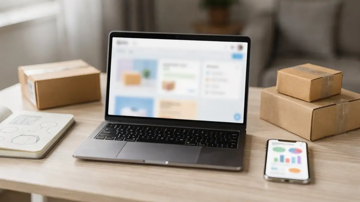 Onlineshop-Start mit Laptop, Paketkartons und Notizbuch zur Kundengewinnung am Anfang