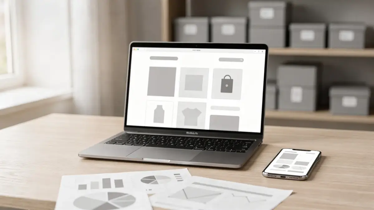 E-Commerce-SEO: Laptop mit Online-Shop, Analyse-Notizen und Produktboxen im Arbeitsumfeld