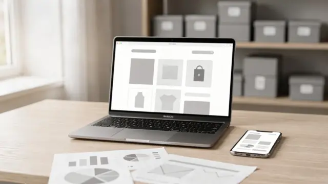 E-Commerce-SEO: Laptop mit Online-Shop, Analyse-Notizen und Produktboxen im Arbeitsumfeld