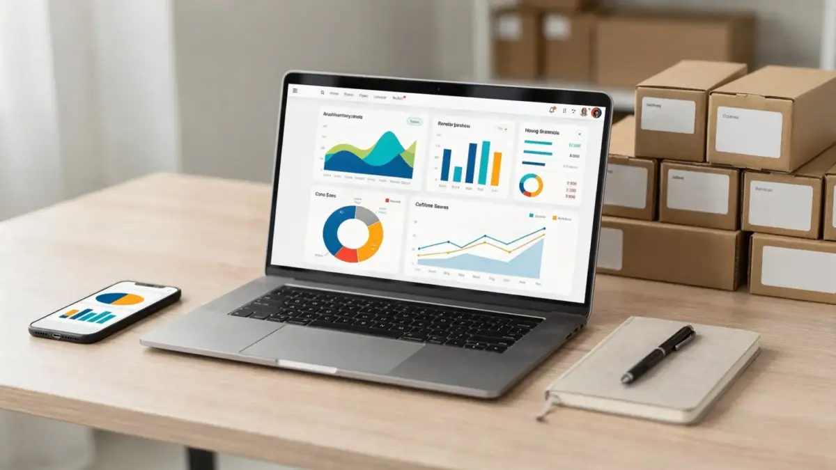 Laptop mit Analytics-Dashboard, Smartphone und Versandkartons zum Thema Google Ads für Onlineshops