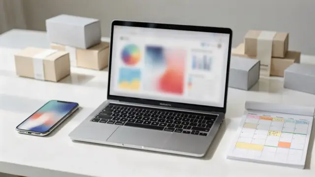 Social-Media-Marketing für Onlineshops: Laptop mit Analytics, Smartphone und Produktpaketen im Arbeitsbereich