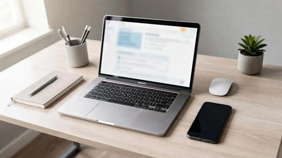 Automatisierungstools im Business auf einem modernen Schreibtisch mit Laptop und Smartphone