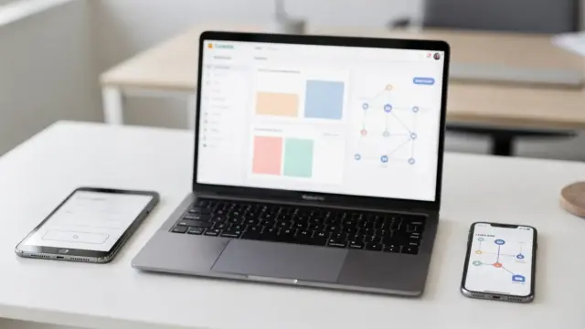 Formulare, CRM und E-Mail-Automation auf Laptop, Tablet und Smartphone in moderner Arbeitsumgebung
