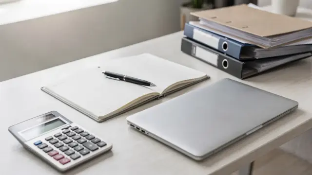 Unternehmer planen Rücklagen mit Rechner, Notizbuch und Laptop für finanzielle Reserven