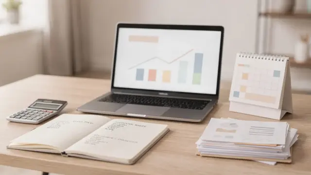 Geordneter Schreibtisch mit Laptop, Kalender und Unterlagen zum Thema Einkommen schwankend planen