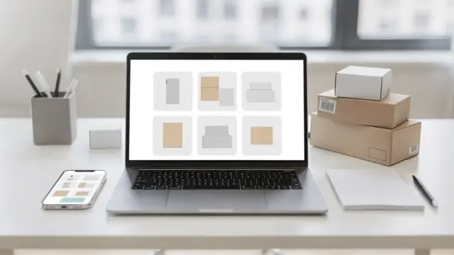 E-Commerce-SEO für Online-Shops: Laptop, Smartphone und Produktboxen im modernen Arbeitsumfeld