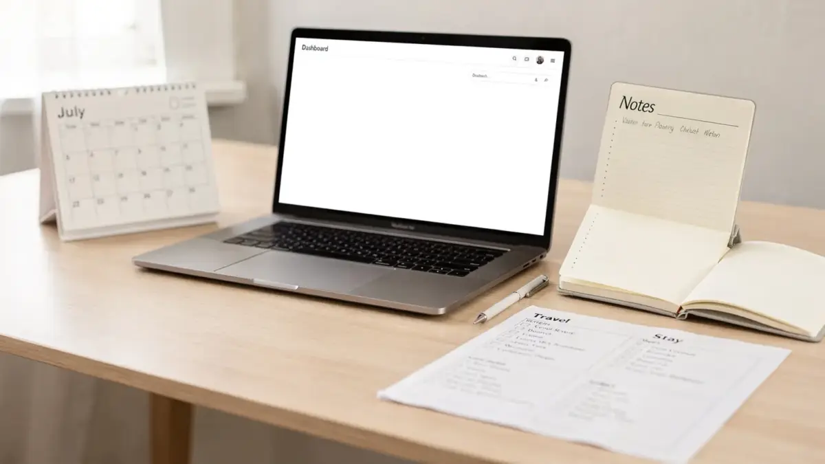 Freelancer-Urlaub planen: Kalender, Laptop und Notizbuch auf einem Schreibtisch für die Auszeitplanung.