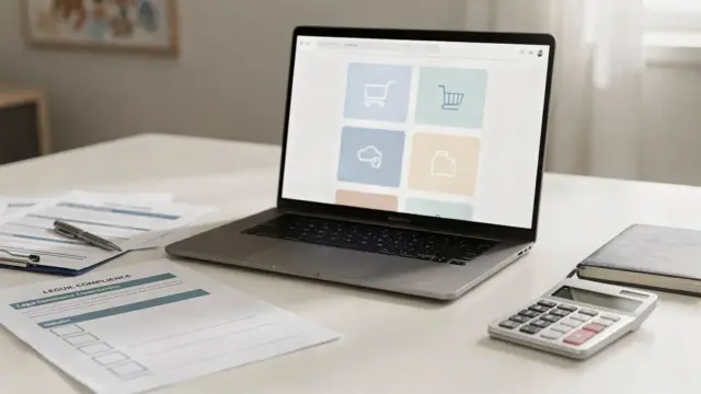 Laptop mit Checkliste und Unterlagen zu Pflichtangaben im Onlineshop
