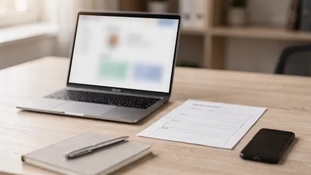 Laptop mit Branchenverzeichniseintrag, daneben Ausdruck, Smartphone, Notizbuch und Stift auf dem Schreibtisch.