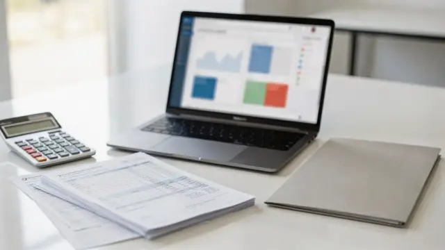 Bürodesk mit Taschenrechner, Unterlagen und Laptop zum Thema eigene Beiträge zur Krankenkasse bei Angestellten