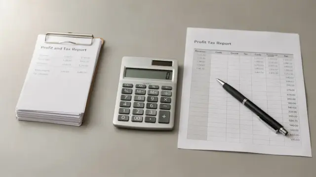 Tisch mit Taschenrechner, Belegen und Finanzunterlagen zum Thema Gewinn und Steuersatz