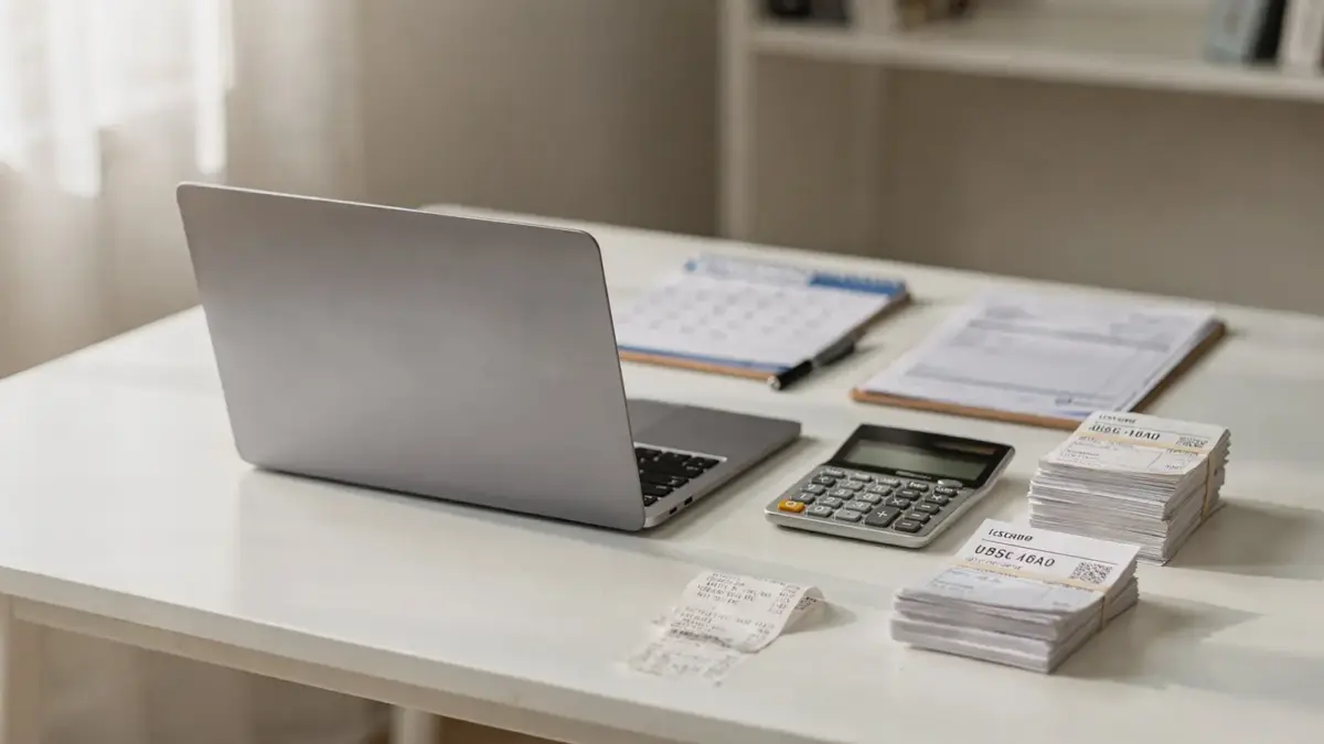Homeoffice mit Laptop, Rechner und Belegen zum steuerlichen Nachteil von Nebeneinkommen