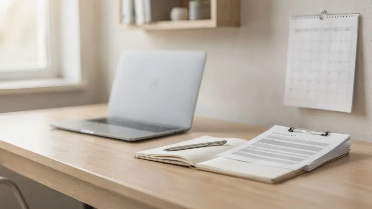 Schreibtisch mit Laptop und Vertragsunterlagen zum Thema nebenberufliche Selbstständigkeit und Arbeitgeberverbote