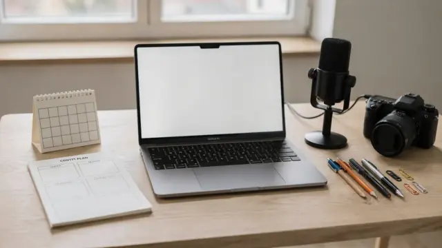 Vorbereiteter Schreibtisch für die Online-Kurs-Vorarbeit vor dem ersten Verkauf