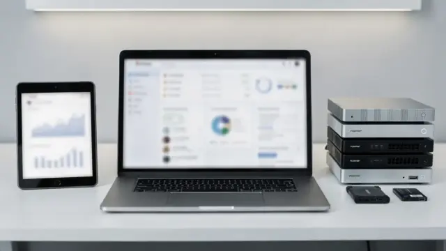 Digitale Produkte veralten: Laptop mit Content-Dashboard und Analyse auf einem Schreibtisch