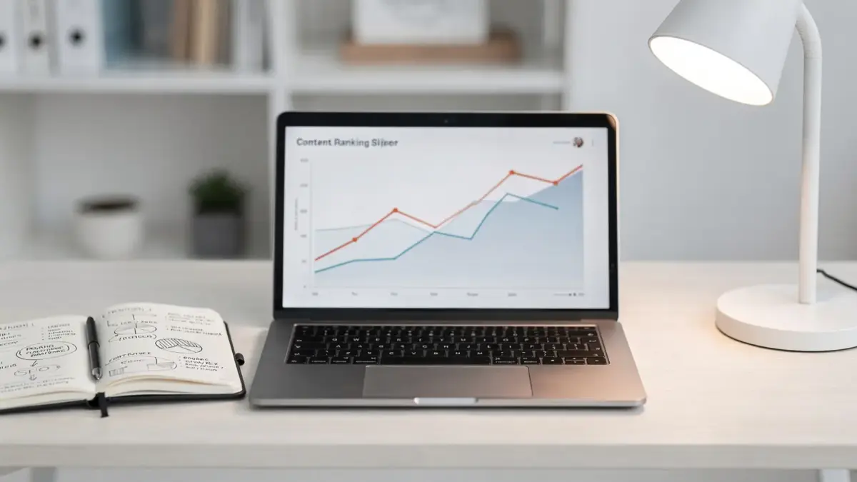 SEO-Analyse-Arbeitsplatz mit Charts und Notizen zum Ranking-Verlust bei Content