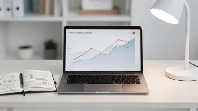 SEO-Analyse-Arbeitsplatz mit Charts und Notizen zum Ranking-Verlust bei Content