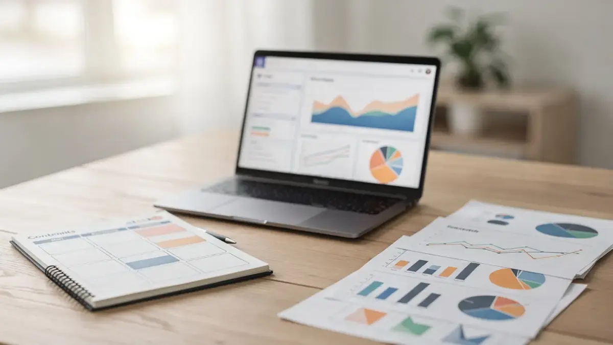SEO-Content-Pflege: Laptop, Content-Plan und Analytics auf einem Schreibtisch