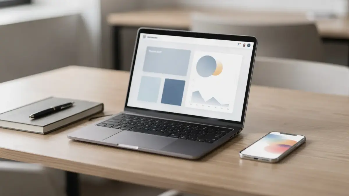 Mitgliedsbereich für Kunden: Laptop mit Dashboard auf hellem Schreibtisch