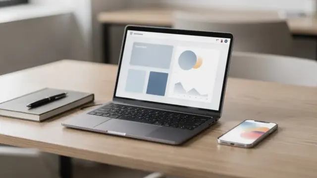 Mitgliedsbereich für Kunden: Laptop mit Dashboard auf hellem Schreibtisch