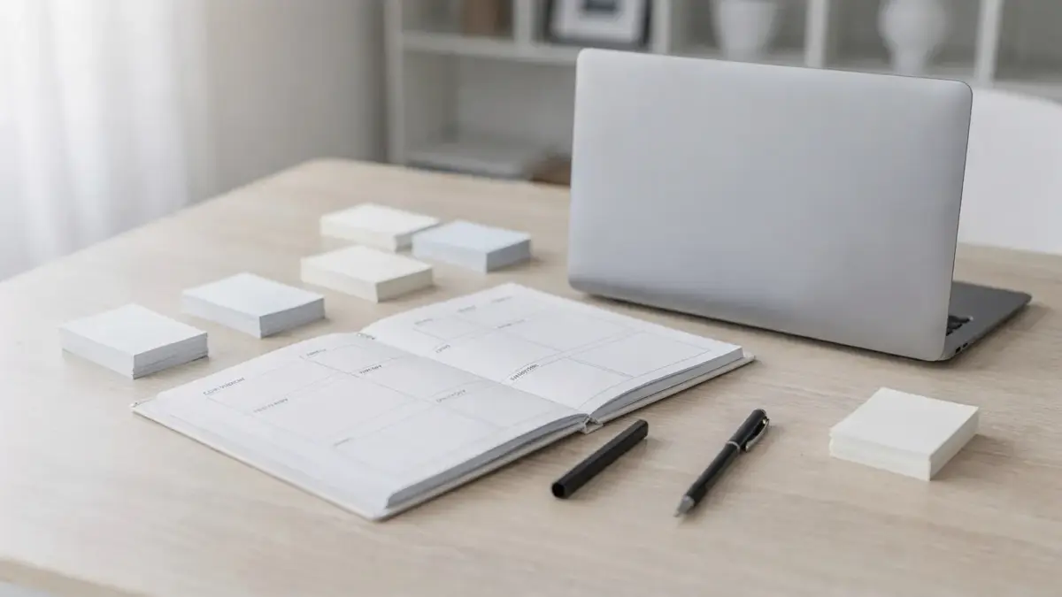 Geplanter Arbeitsblock im Wochenplan mit Laptop und Notizen für fokussierte Arbeitszeit