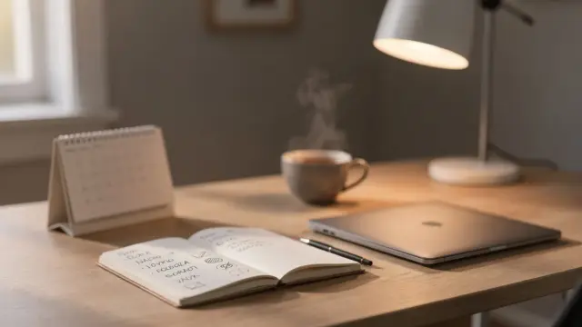Tagesabschluss-Routine im Homeoffice mit Notizbuch, Laptop und Kalender zur Planung des nächsten Arbeitstags