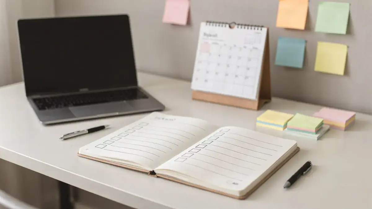 Priorisierung für Selbstständige: geordneter Arbeitsplatz mit To-do-Liste, Kalender und Laptop