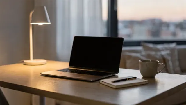 Aufgeräumter Homeoffice-Schreibtisch mit geschlossenem Laptop zum Thema Feierabend im Homeoffice klar trennen