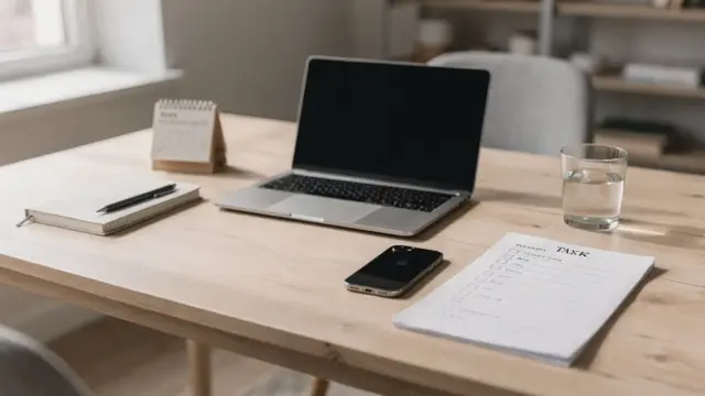 Aufgeräumter Arbeitsplatz mit Laptop und Kalender zur Produktivitätsroutine für Selbstständige