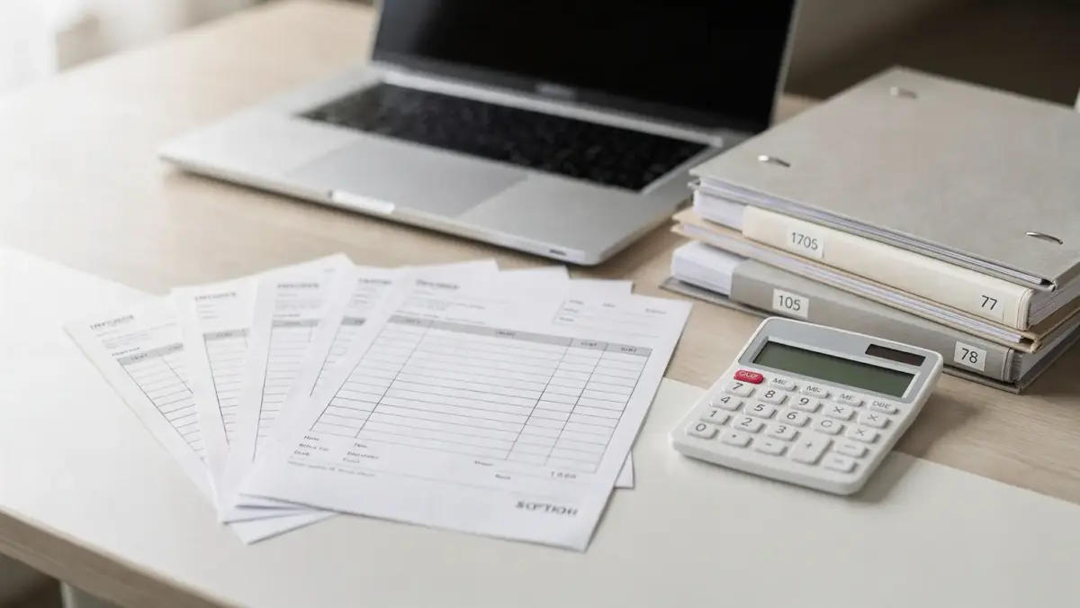Büro-Setup mit Rechner und Unterlagen zum Thema Rechnungsnummer vergeben