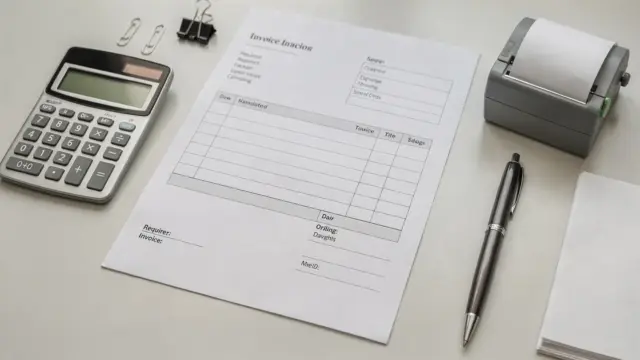 Kleinbetragsrechnung mit Belegen, Taschenrechner und Büromaterial auf einem Schreibtisch