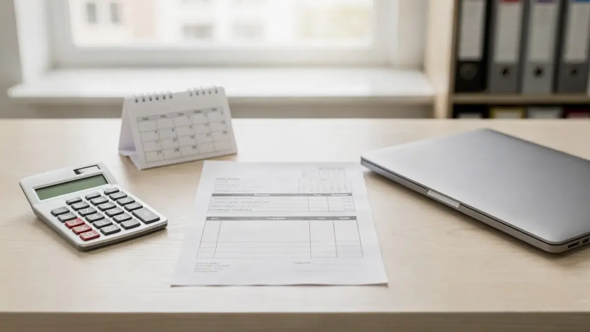 Büro mit Rechnung, Kalender und Taschenrechner zum Thema Verzug ohne Mahnung
