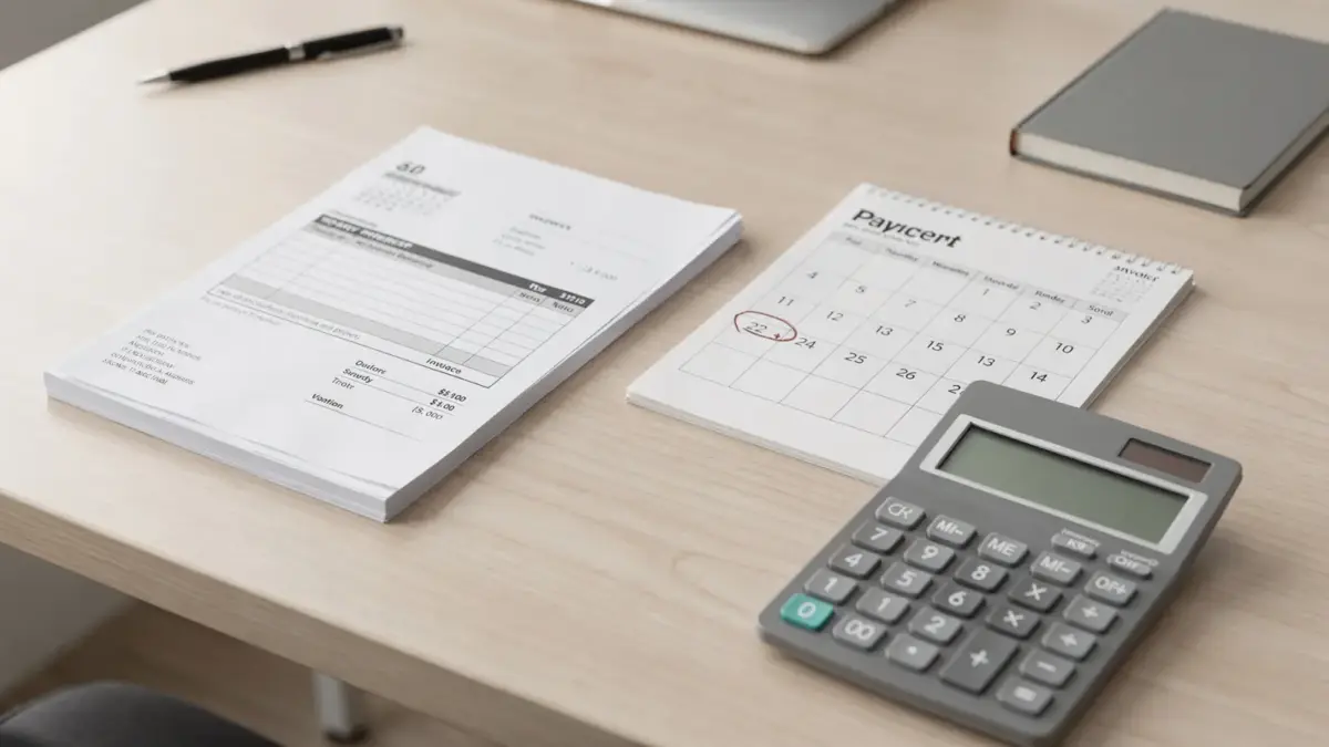 Rechnung, Kalender und Taschenrechner auf Schreibtisch zum Thema Verzugszinsen bei Zahlungsverzug