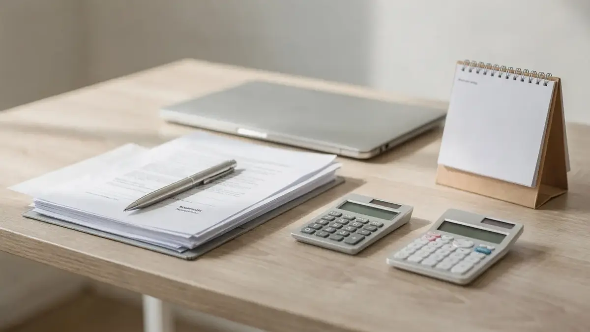 Arbeitsplatz mit Unterlagen, Laptop und Rechner zum Thema Einzelunternehmen gründen