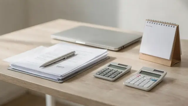 Arbeitsplatz mit Unterlagen, Laptop und Rechner zum Thema Einzelunternehmen gründen
