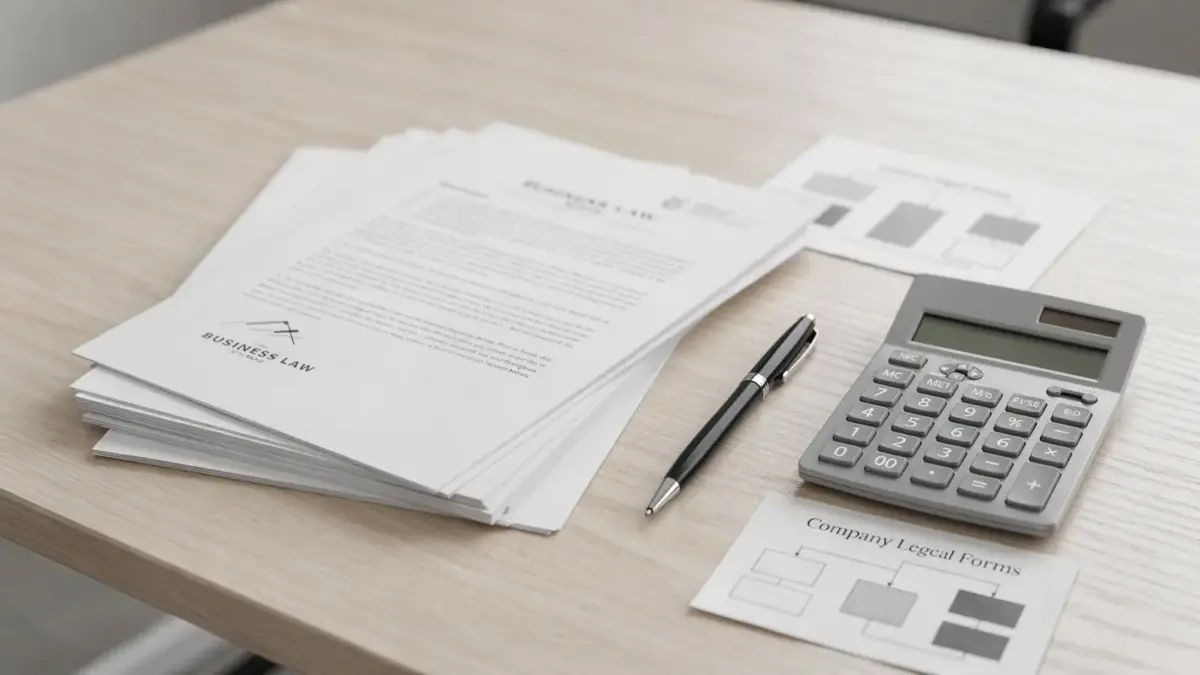 Büro-Setting mit Unterlagen zur Rechtsformwahl bei hohem Risiko und einem Taschenrechner