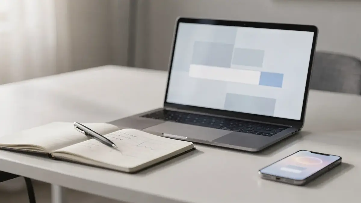 Laptop mit Keyword-Analyse auf Schreibtisch für Nischen-Keywords kleiner Websites