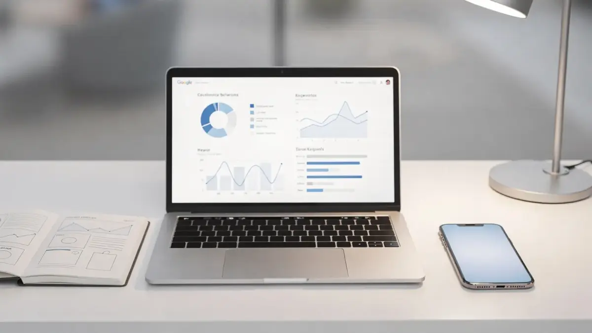 SEO-Arbeitsplatz mit Laptop und Keyword-Analyse für den Keyword-Schwierigkeitsgrad prüfen