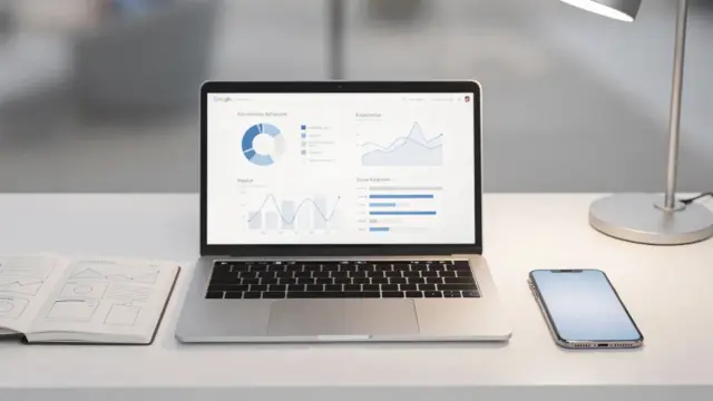 SEO-Arbeitsplatz mit Laptop und Keyword-Analyse für den Keyword-Schwierigkeitsgrad prüfen