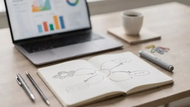 SEO-Thema eingrenzen mit Notizbuch, Laptop und Keyword-Planung auf einem Schreibtisch