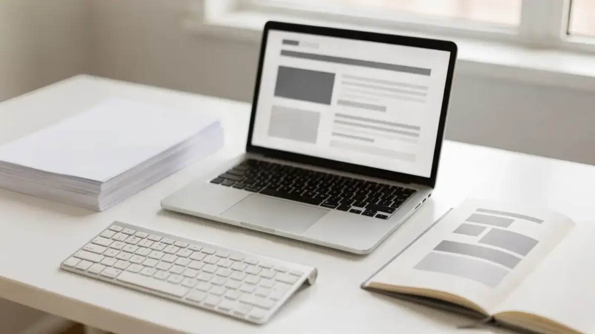 Arbeitsplatz mit Laptop und Notizen zur H1-H2-Struktur für SEO und Leser