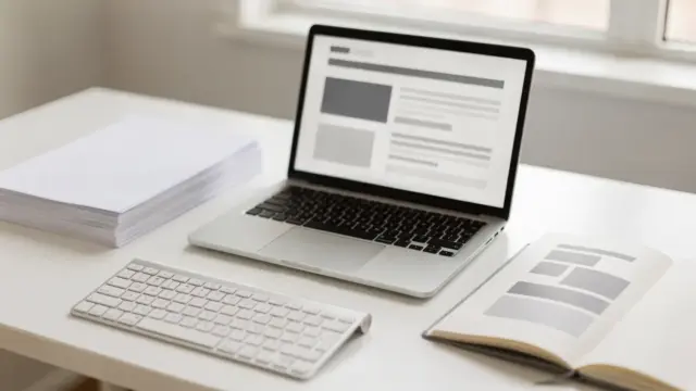 Arbeitsplatz mit Laptop und Notizen zur H1-H2-Struktur für SEO und Leser